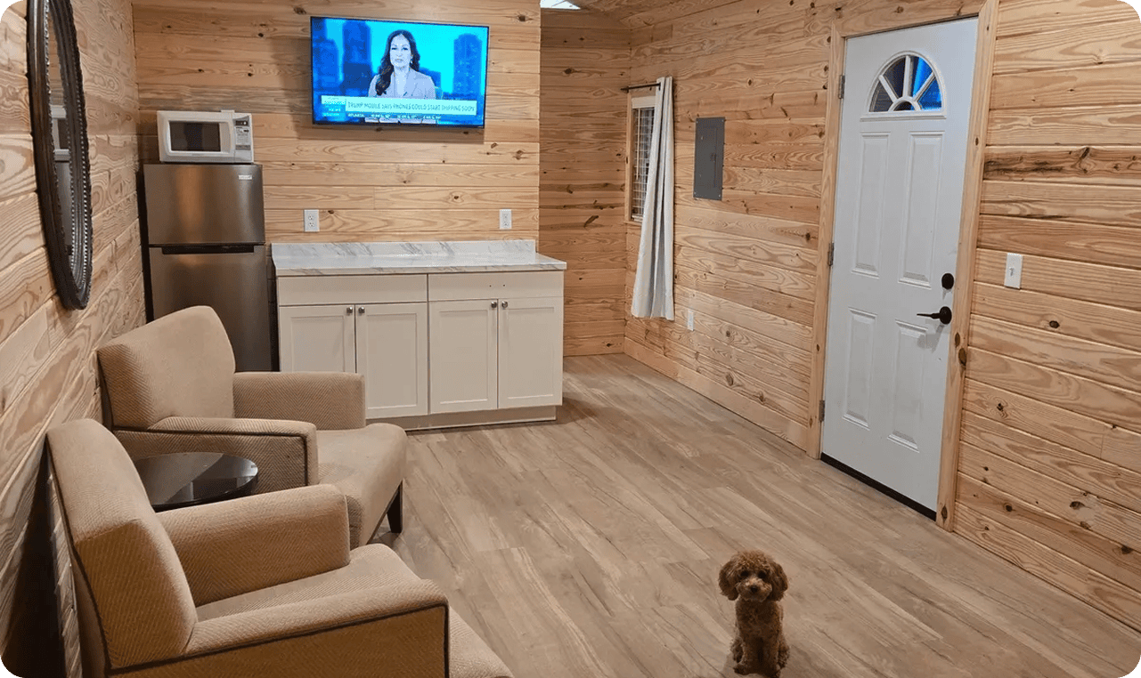 Compact cabin interior with TV