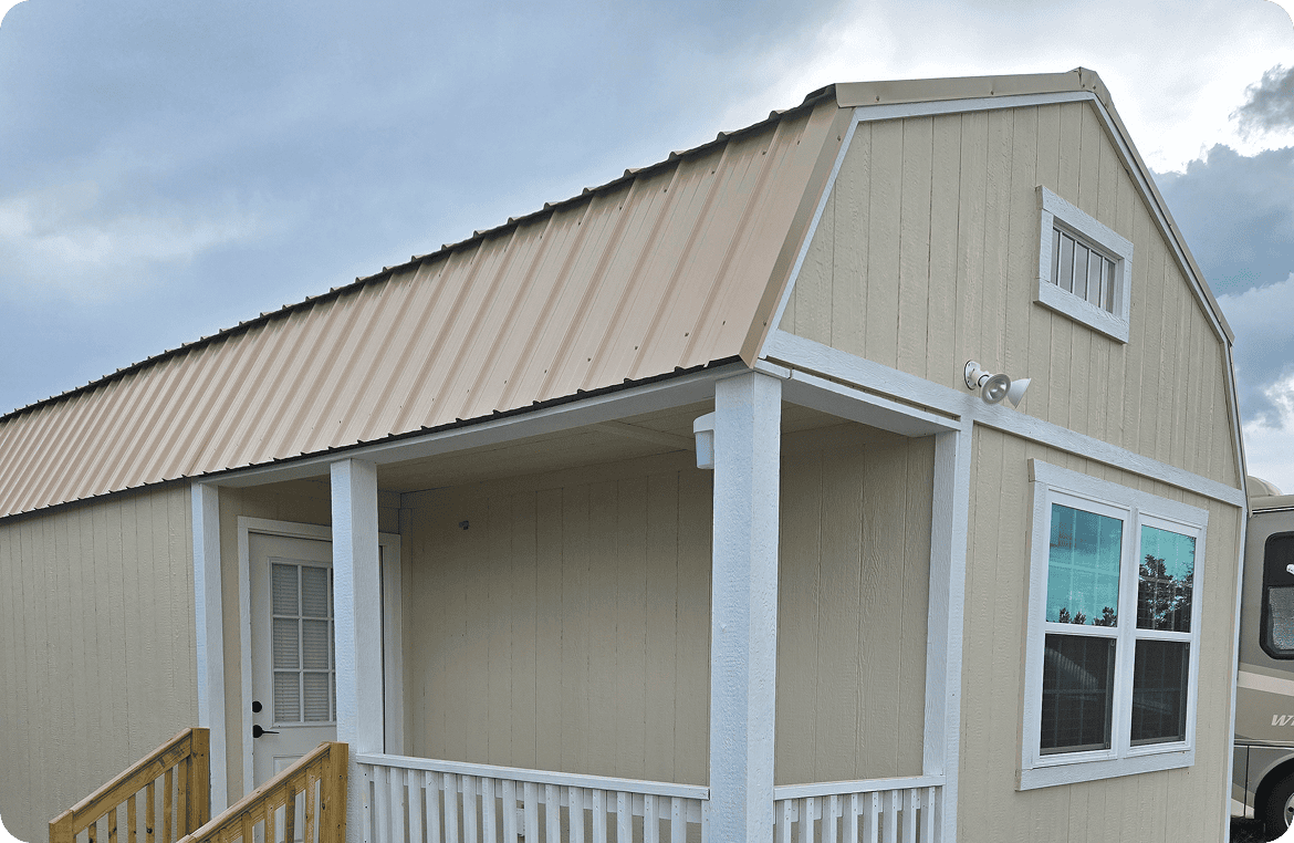 Beige tiny house exterior view